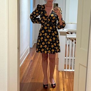 Veronica Beard Gold and Black Fit and Flare Dress with Bishop Sleeves